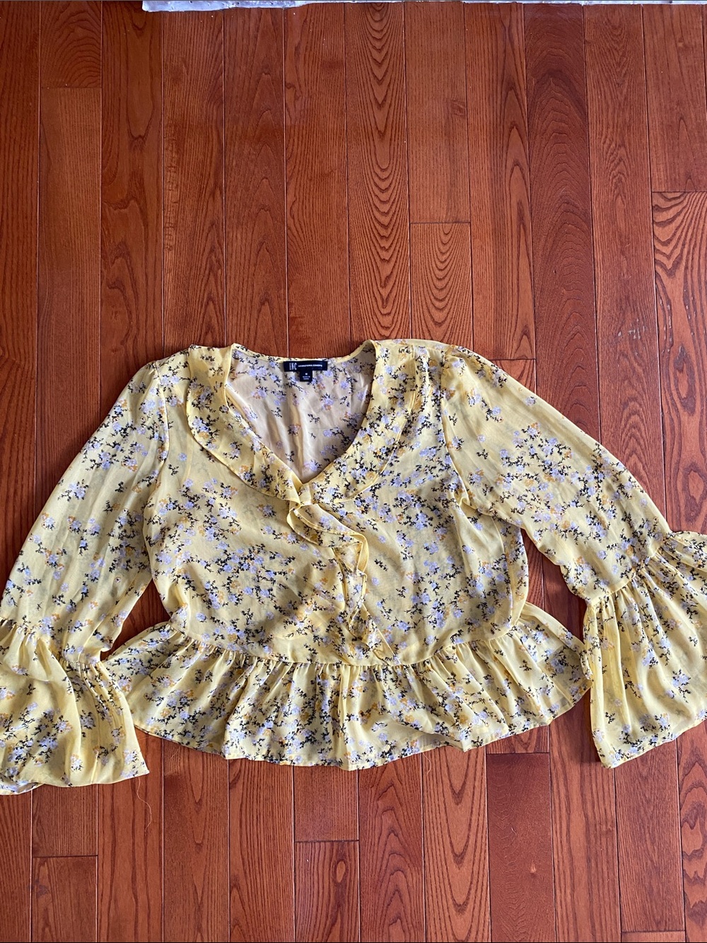 INC International Concepts Yellow Floral Ruffle Peplum Blouse size M